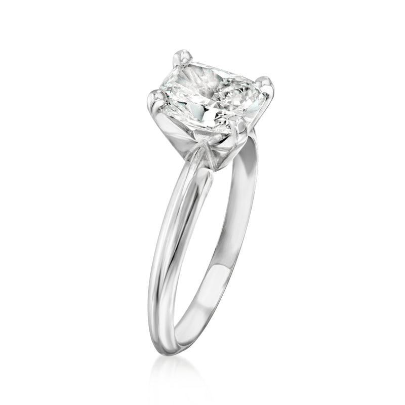14kt white gold solitaire ring with cushion-cut diamond, angled view