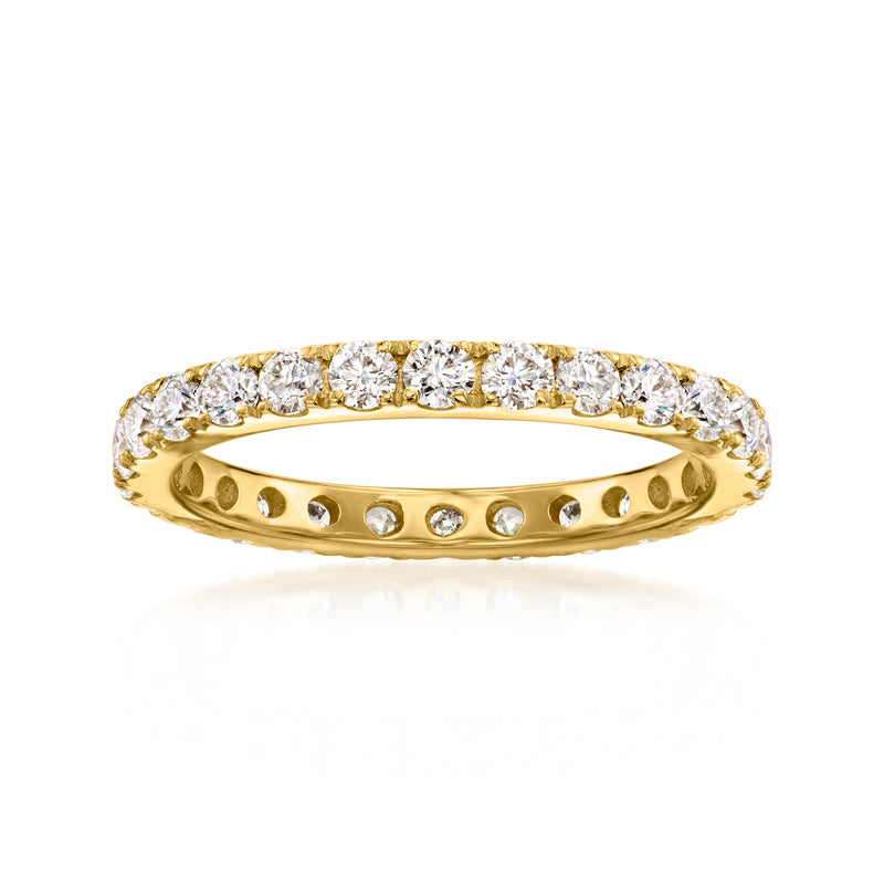 Gold moissanite eternity band with round stones in a continuous row, polished yellow finish