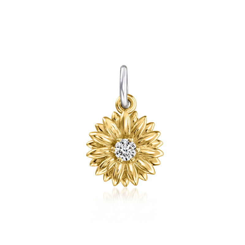 Sunflower charm pendant in 14kt yellow gold with lab-grown diamond, sterling silver loop