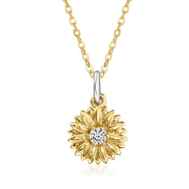Sunflower diamond charm pendant on gold chain with sterling silver loop and faceted center