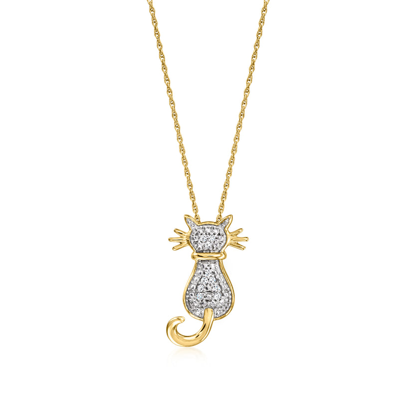 Gold-tone cat pendant necklace with diamond-style jeweled cat face on chain
