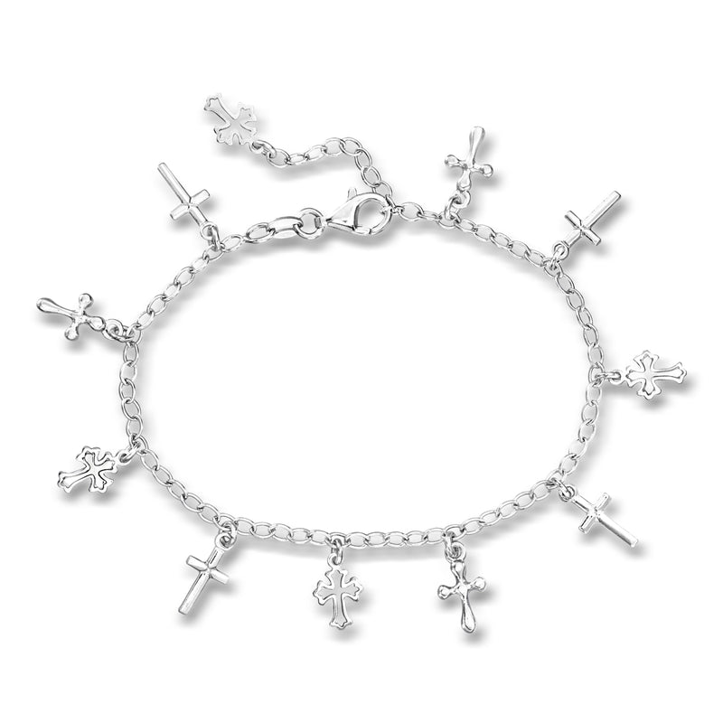 Sterling silver cross charm bracelet with oval link chain and small cross pendants
