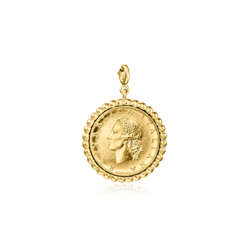Gold-tone coin charm with beaded edge and small loop bail