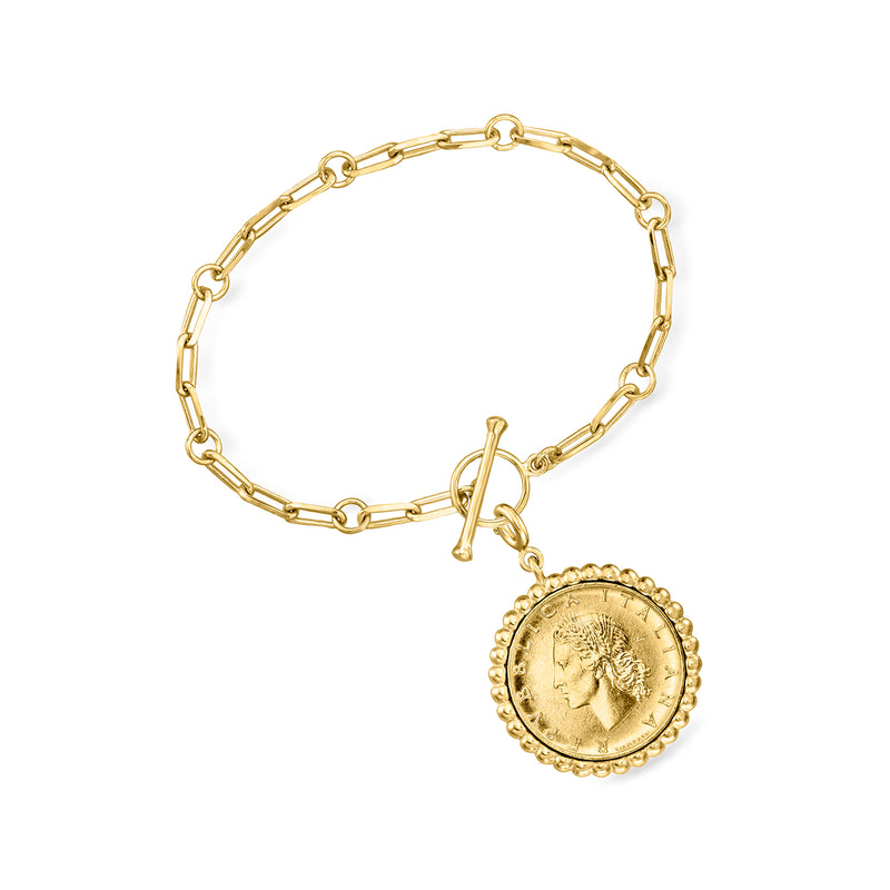 Gold-tone beaded-edge Lira coin charm on curb-link chain