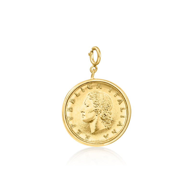 Gold-tone Lira coin charm with profile face and raised rim, hanging bail loop.