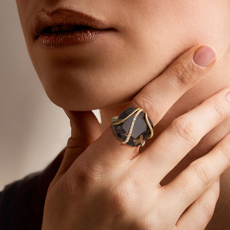 20.00 Carat Smoky Quartz Ring with .10 ct. t.w. Diamonds in 18kt Gold Over Sterling