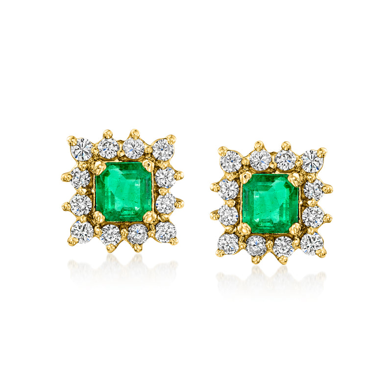 Emerald-cut green gemstone square halo diamond stud earrings in yellow gold