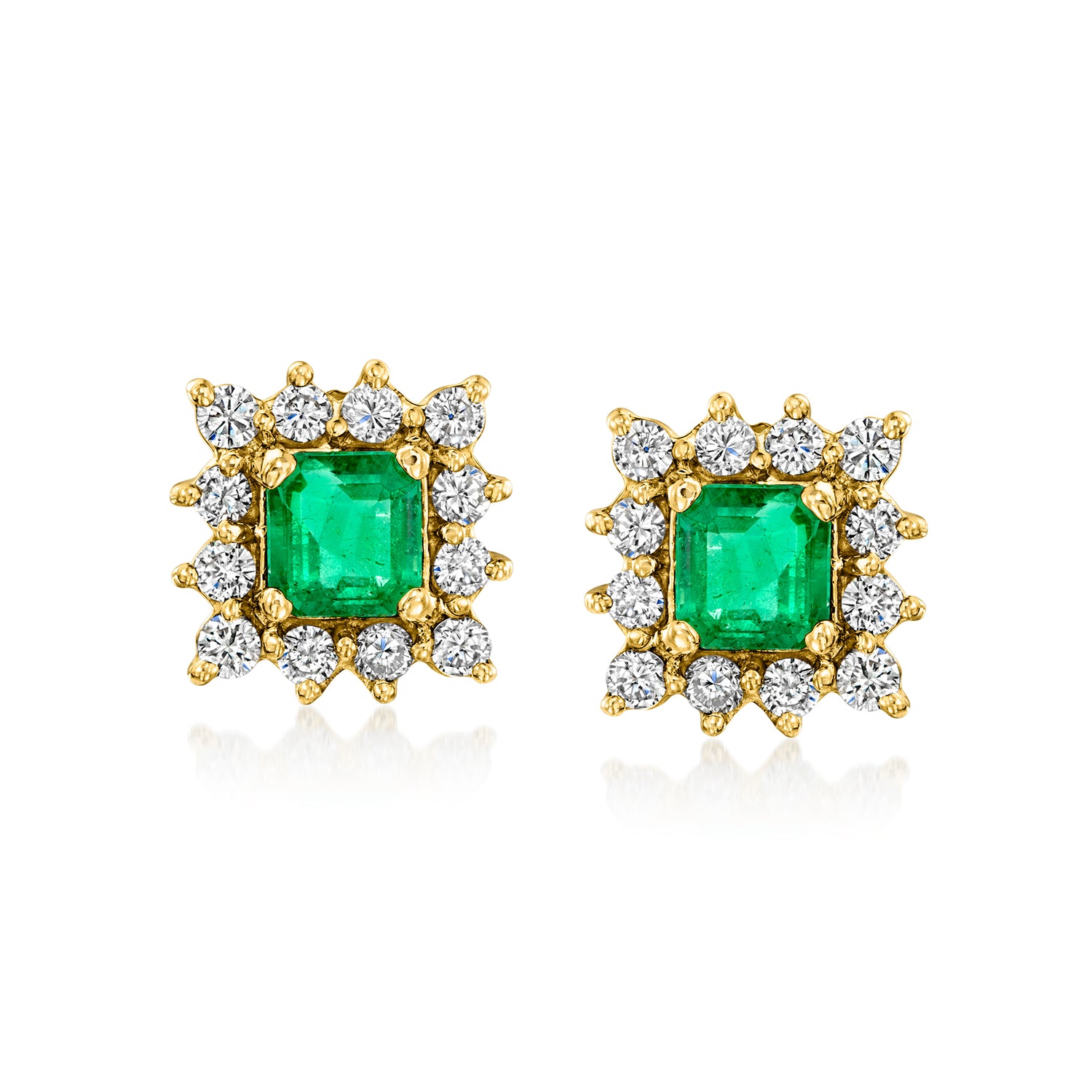 C. 1980 Vintage 1.20 ct. t.w. Emerald and 1.00 ct. t.w. Diamond Square Earrings in 14kt Yellow Gold