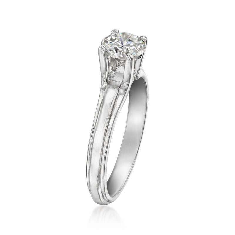 Solitaire diamond ring on white gold band, side view of prong-set round center stone