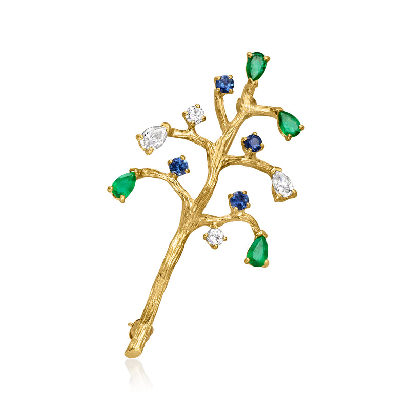 14kt yellow gold tree pin with green emerald, blue sapphire, and diamond stones