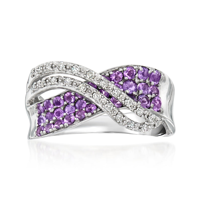Crisscross amethyst and diamond ring in white gold with purple gemstone rows