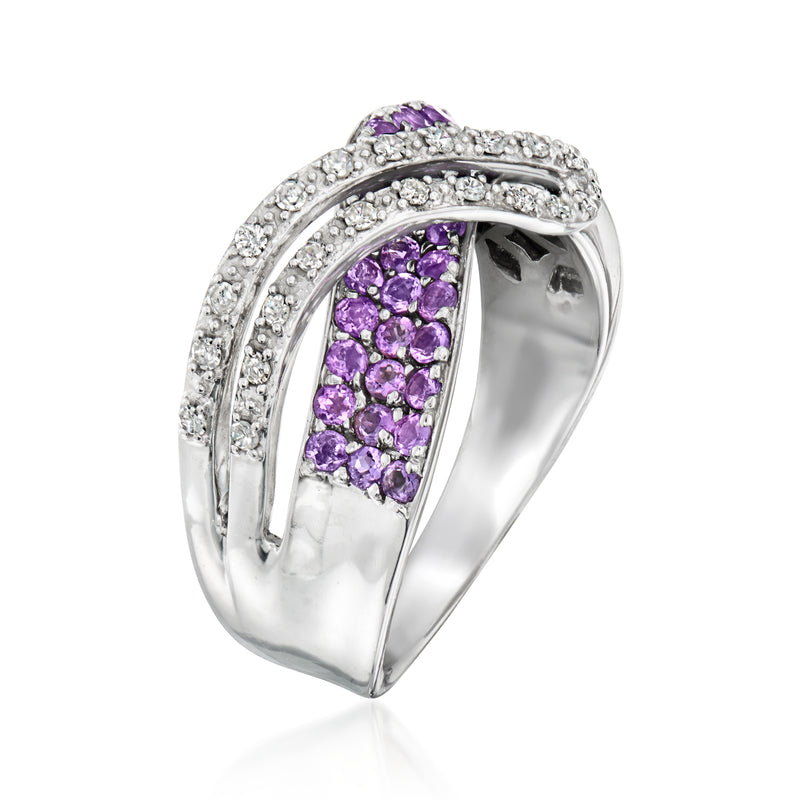 Side view of white gold crisscross ring with purple amethyst and diamond accents