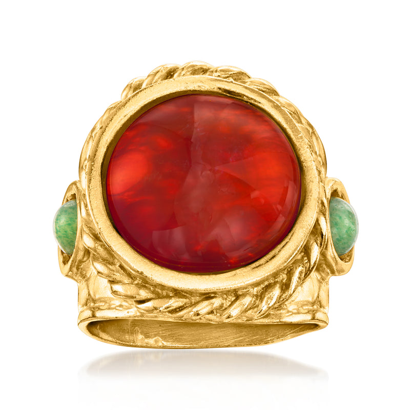 Vintage gold ring with red oval carnelian gemstone and green aventurine side stones