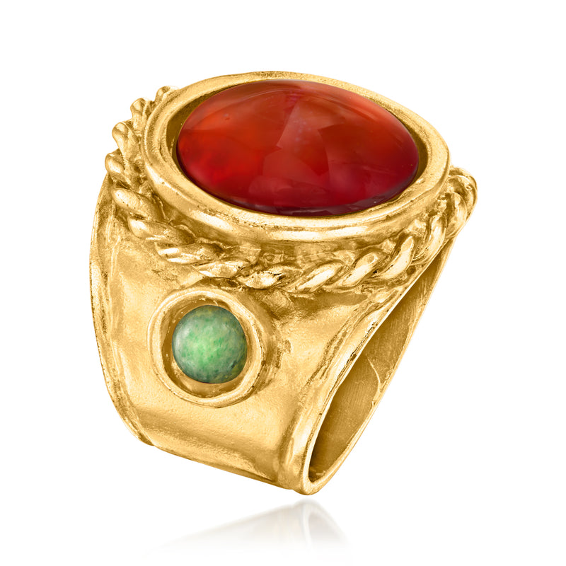 Vintage gold ring with oval red stone and small oval green stone bezel setting