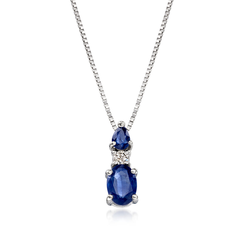 14kt white gold sapphire pendant necklace with blue oval stones and small diamond accents