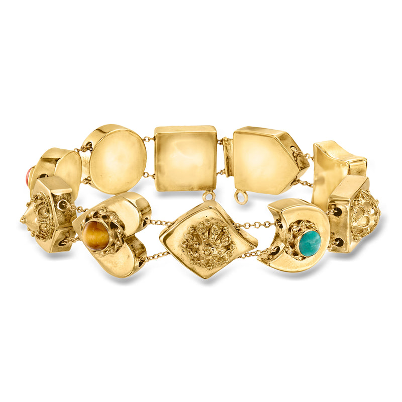 Yellow gold slide charm bracelet with multi-color gem inset charms