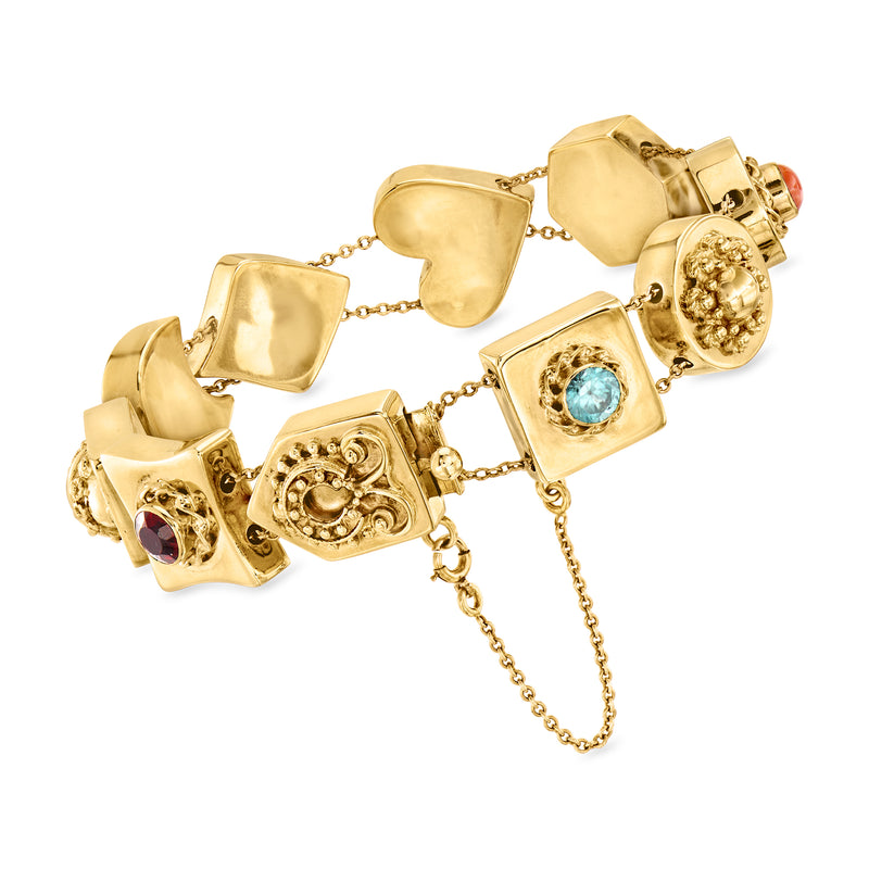 Yellow gold slide charm bracelet with square links and blue gem accents