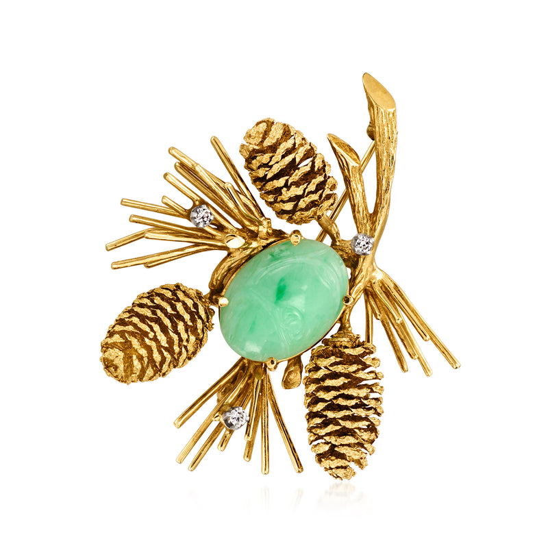 14kt yellow gold pinecone pin with green jade cabochon and diamond accents