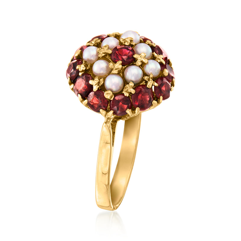 Vintage yellow gold ring with white pearls and red garnets, side profile