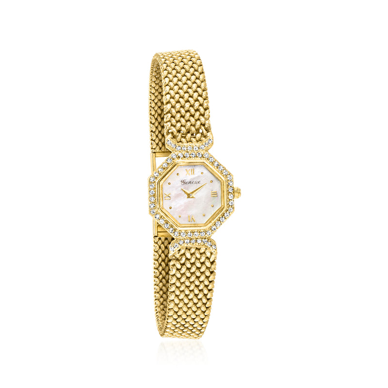 Women's vintage diamond watch in 14kt yellow gold, octagonal bezel and textured mesh bracelet
