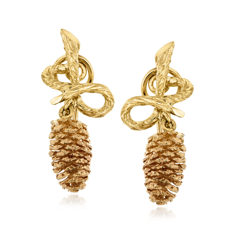 Two-tone gold pinecone drop earrings with textured pinecone charms and twisted top loops.