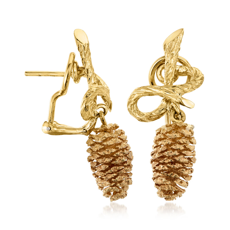 Two-tone gold pinecone drop earrings with post backs and textured pinecone dangle charms.