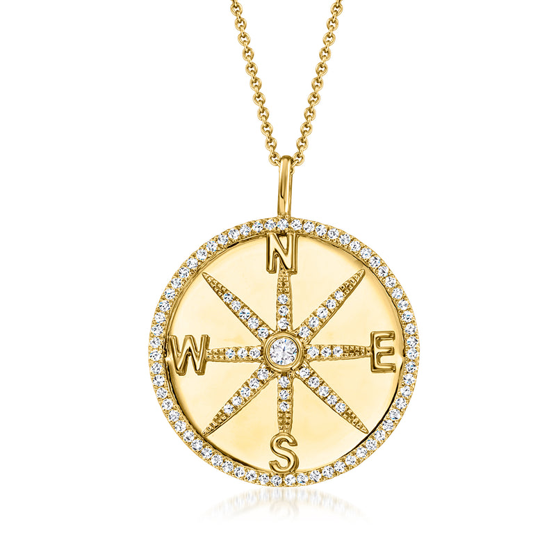 Compass pendant necklace with lab-grown diamonds in gold over sterling
