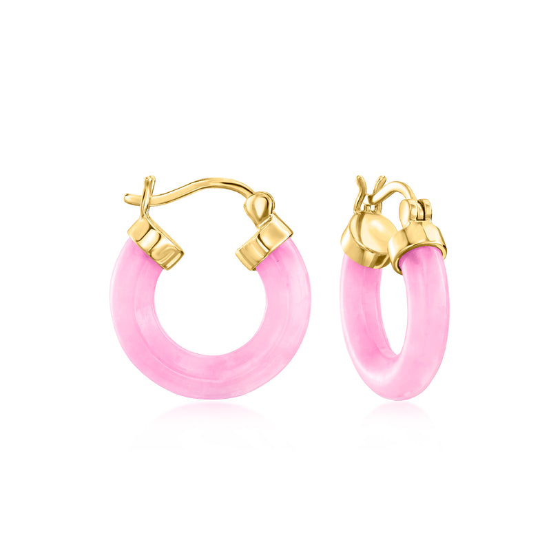 Pink oval jade hoop earrings with gold-tone hinged clasp