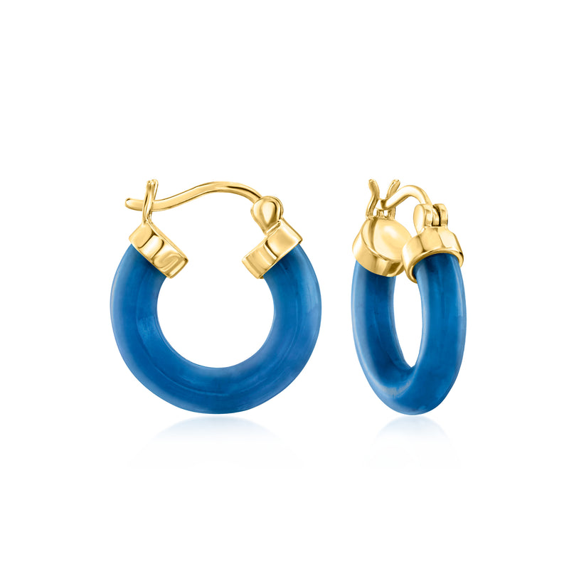 Gold hoop earrings with blue jade stone panels, hinged clasp detail