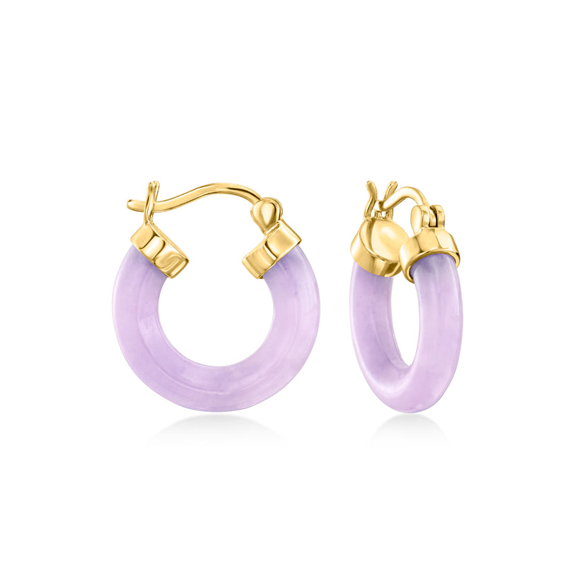 Lavender jade hoop earrings with gold over sterling clasp and hinge