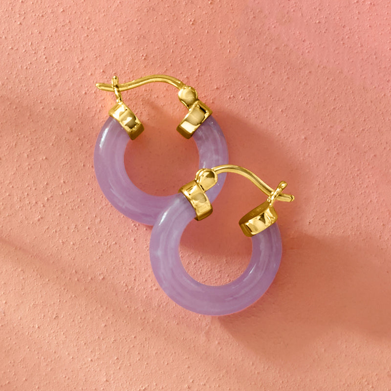 Lavender jade hoop earrings with gold over sterling hinge detailing