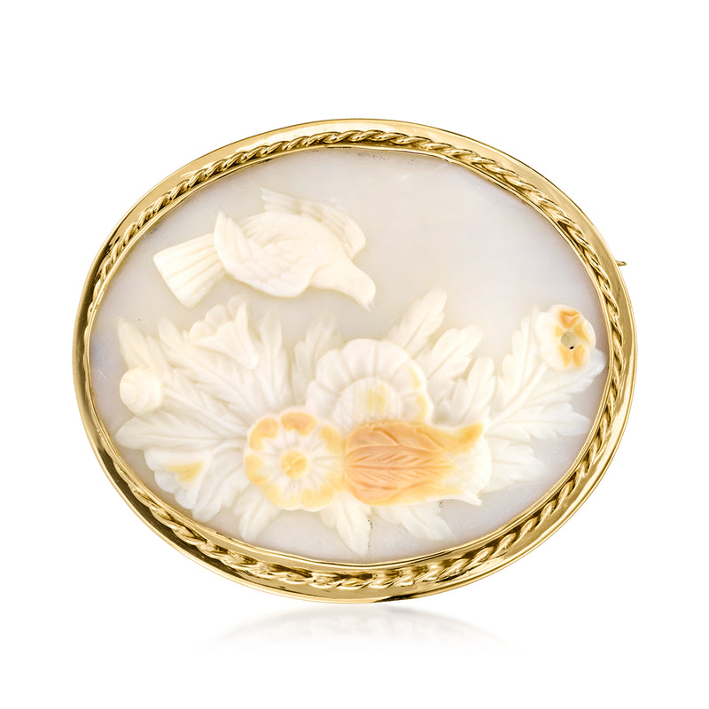 Vintage cameo pin with oval 14kt yellow gold frame, bird and orange shell flowers