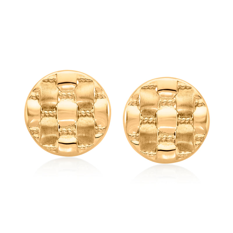 Round 14kt yellow gold basketweave button earrings, front view with textured domed discs.
