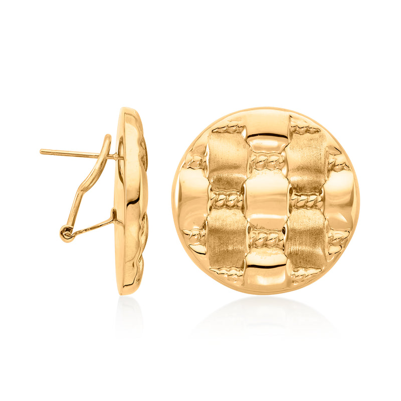 Round yellow gold basketweave button earrings with post backs, side view of one earring.