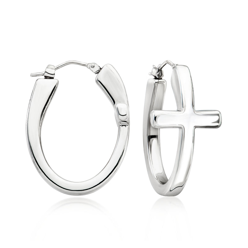 14kt white gold hoop earrings with sideways cross charm