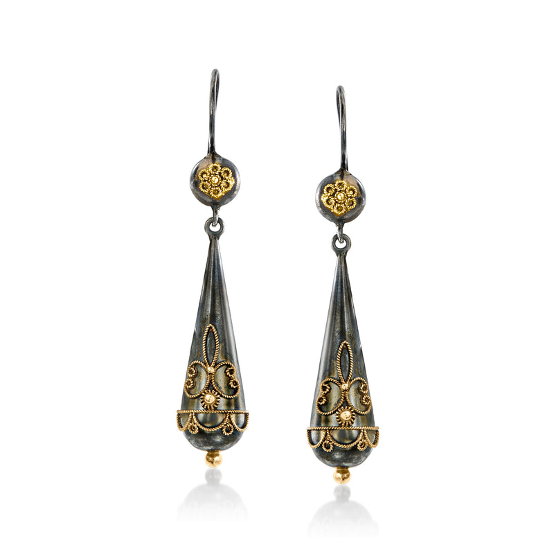 Sterling silver drop earrings with yellow gold filigree and bead accents, earwire hooks