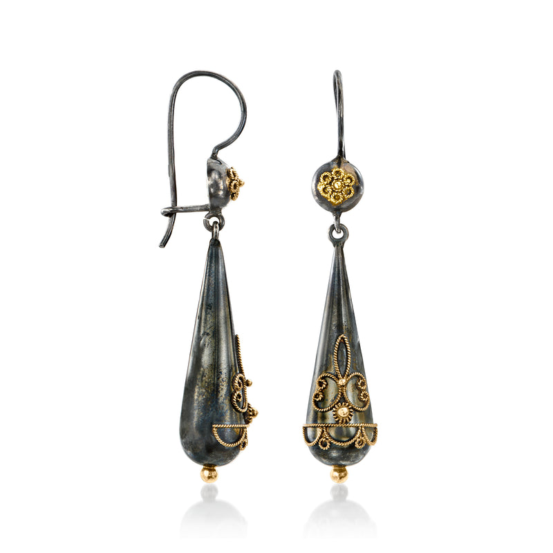 Sterling silver teardrop drop earrings with yellow gold filigree, earwire hook and charm