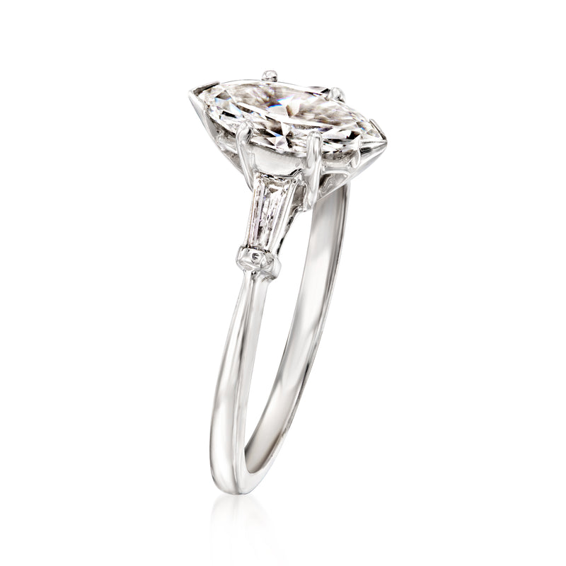 Marquise diamond ring with split prongs and baguette stones, 14kt white gold band