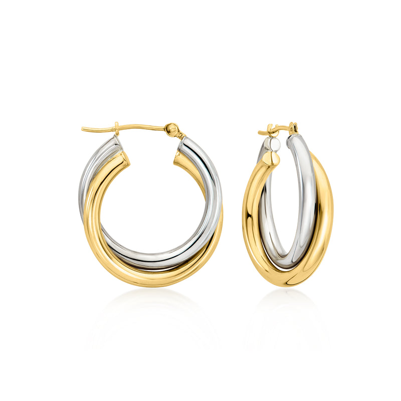 Two-tone 10kt gold crisscross hoop earrings with hinged two-tone hoops