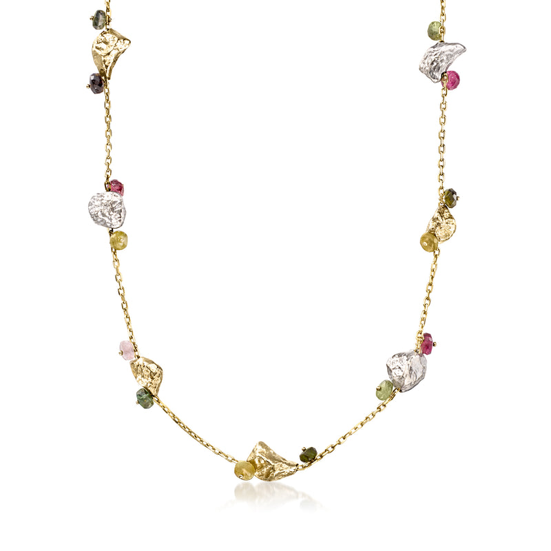 Two-tone gold tourmaline bead necklace with mixed-color nugget stones, full length