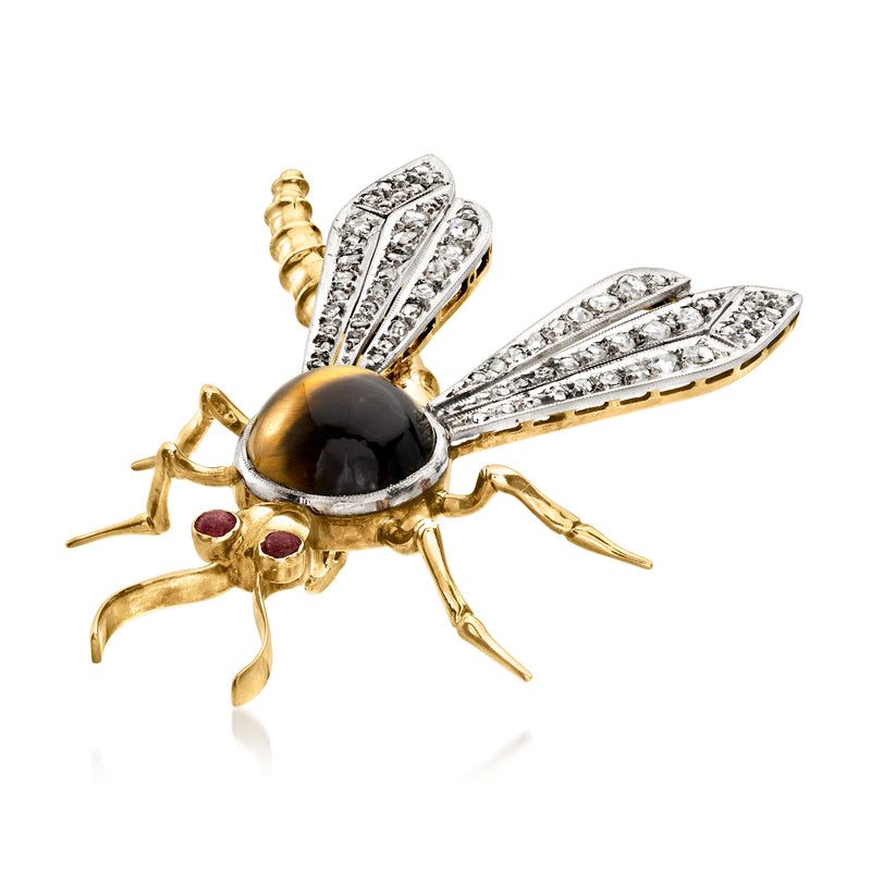 Vintage tiger eye dragonfly pin in yellow gold and platinum with diamond wings and garnet eyes