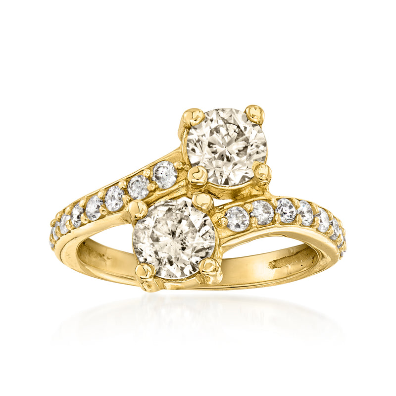 14kt yellow gold bypass diamond ring with round bezel-set stones, size 6.5