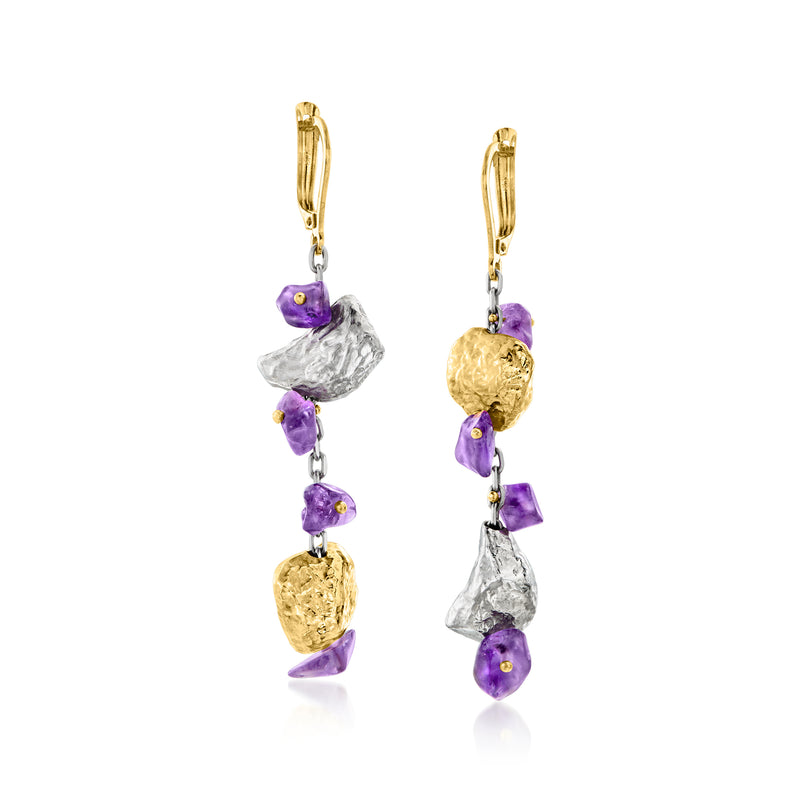 14kt two-tone gold drop earrings with amethyst nugget-style charms and purple stones
