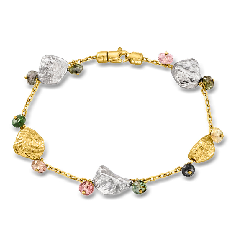 Two-tone 14kt gold nugget-style tourmaline bracelet with multicolored stones and clasp