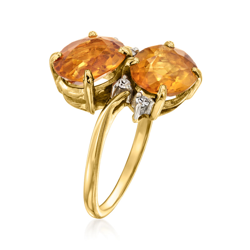 C. 1970 Vintage 4.50 ct. t.w. Citrine Bypass Ring with .10 ct. t.w. Diamonds in 14kt Yellow Gold. Size 6.75