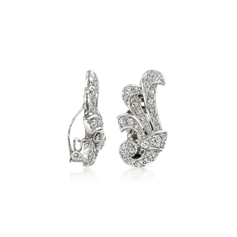 Platinum diamond fan-style clip-on earrings, side view with hinge and clip