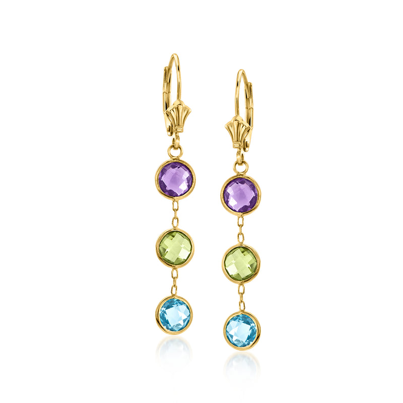 14kt yellow gold leverback drop earrings with three round gemstones: purple, green, blue
