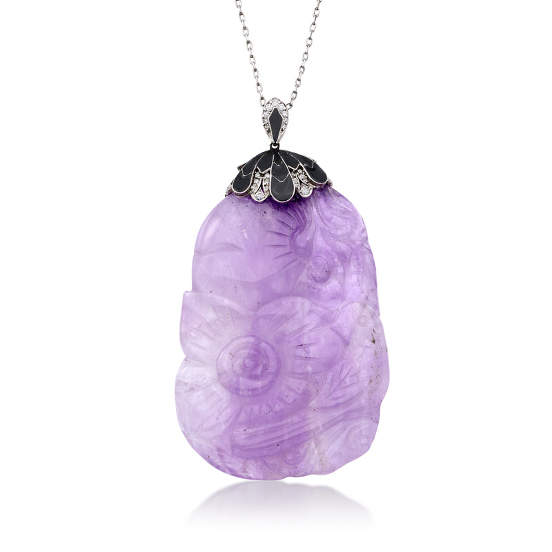 Amethyst pendant necklace with carved purple stone, black enamel top, diamond details