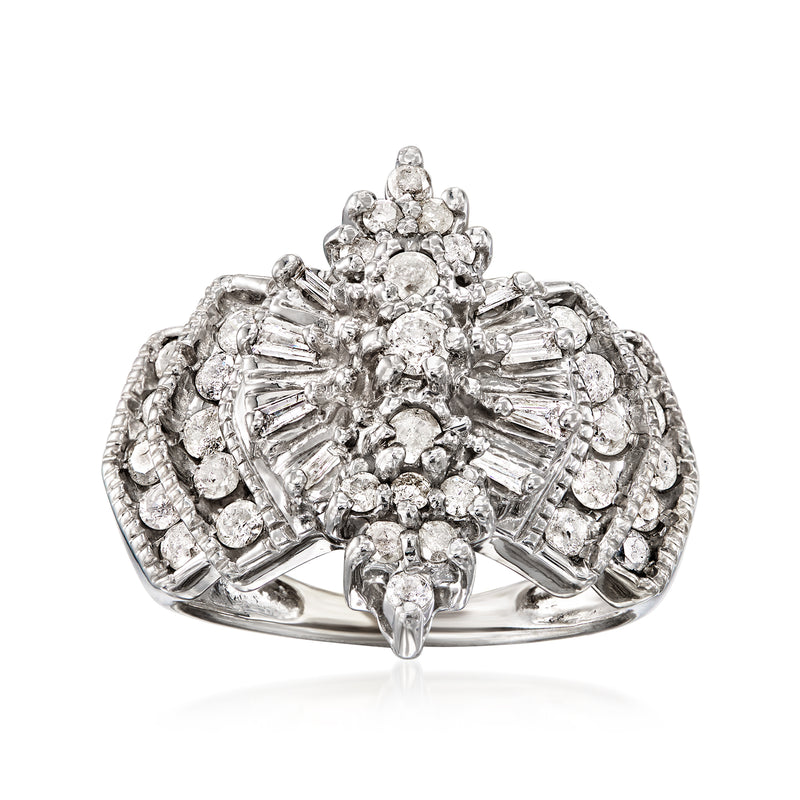 Diamond cluster ring in white gold with ornate halo and baguette accents