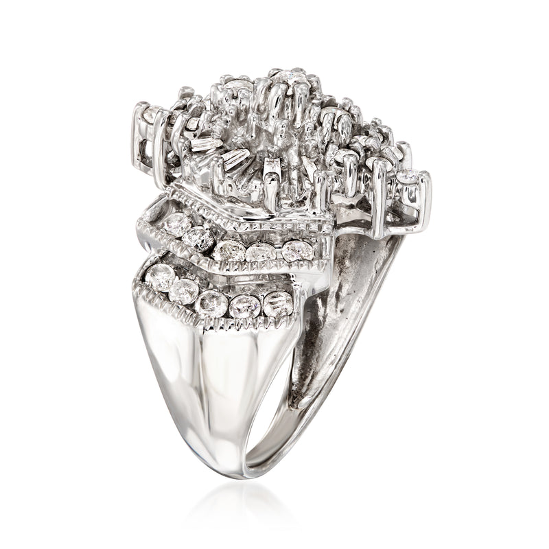 White gold diamond cluster ring, side profile showing baguette and round stones